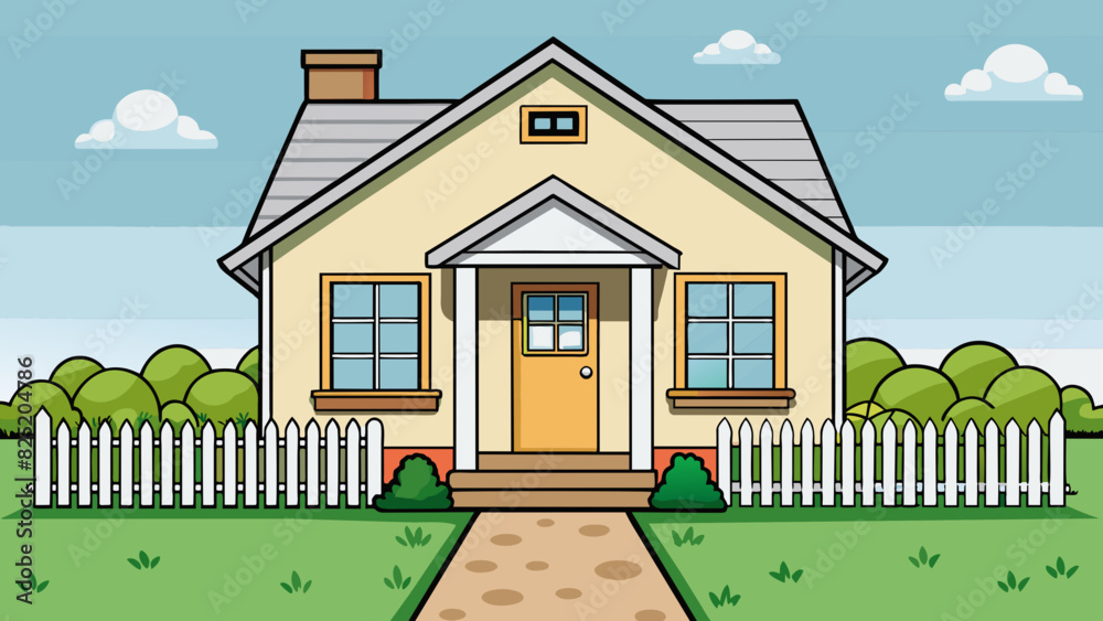 Poster a suburban house with a neatly trimmed lawn and a white picket fence. the exterior is painted in a s