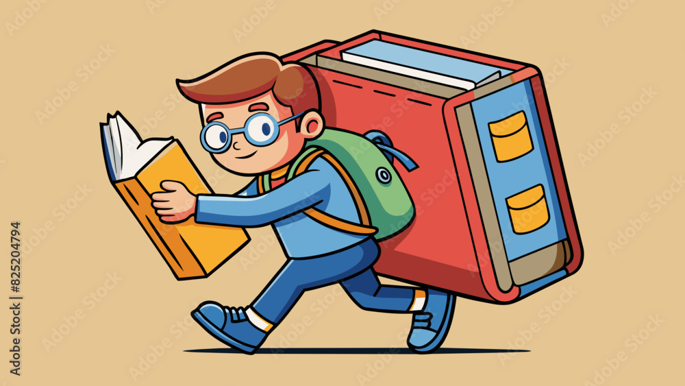 Poster a student pushing a heavy book into their backpack. the book has a hardcover and is filled with pape