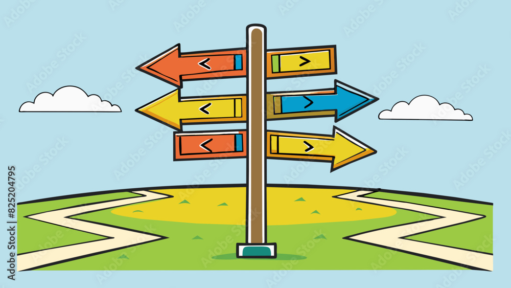 Poster A street sign at a crossroad with multiple arrows pointing in different directions. Each arrow represents a different option or path one can take to. Cartoon Vector.
