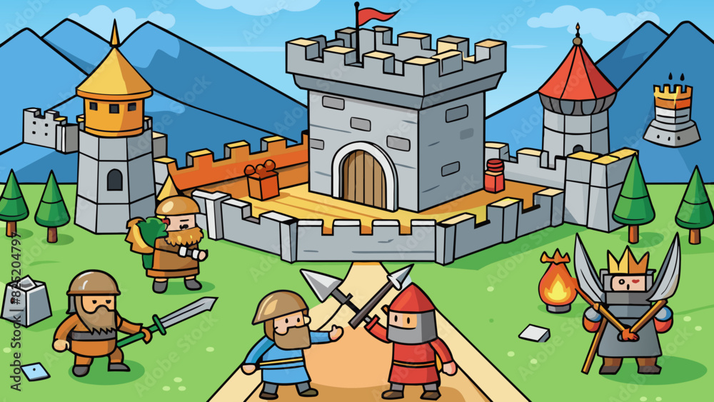 Fototapete A strategy game where players must build and defend their own kingdom against enemy attacks. The objects in the game are all medievalinspired with. Cartoon Vector.