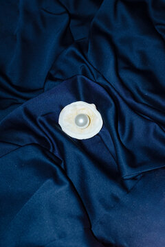 Ocean treasures: seashell and pearl on silk and hard direct flashlight