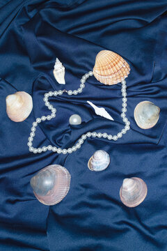 Ocean treasures: seashell and pearl on silk and hard direct flashlight