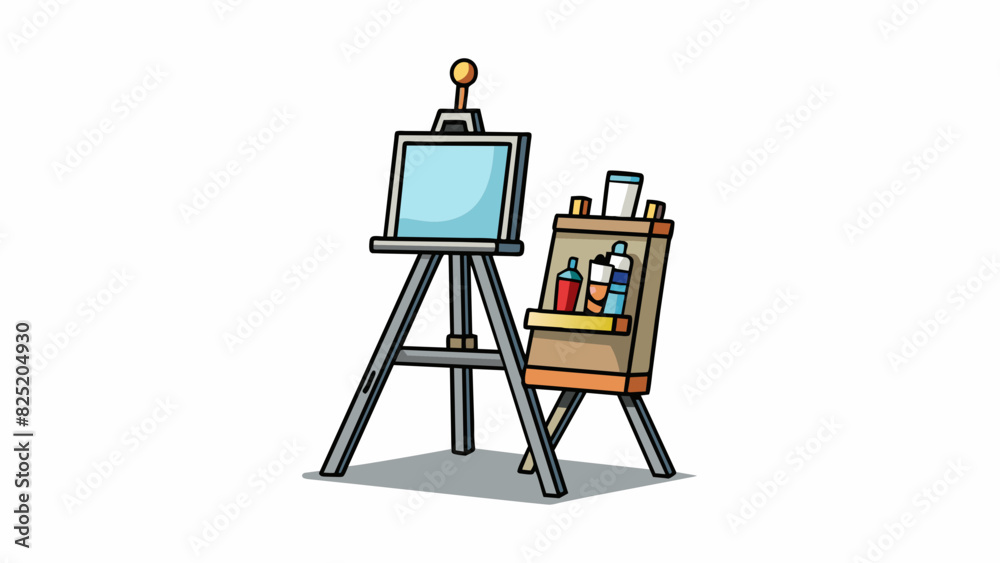 Poster A sy metal easel stand with adjustable legs and a large canvas resting on it. The stand can be extended to different heights and angles allowing the. Cartoon Vector.