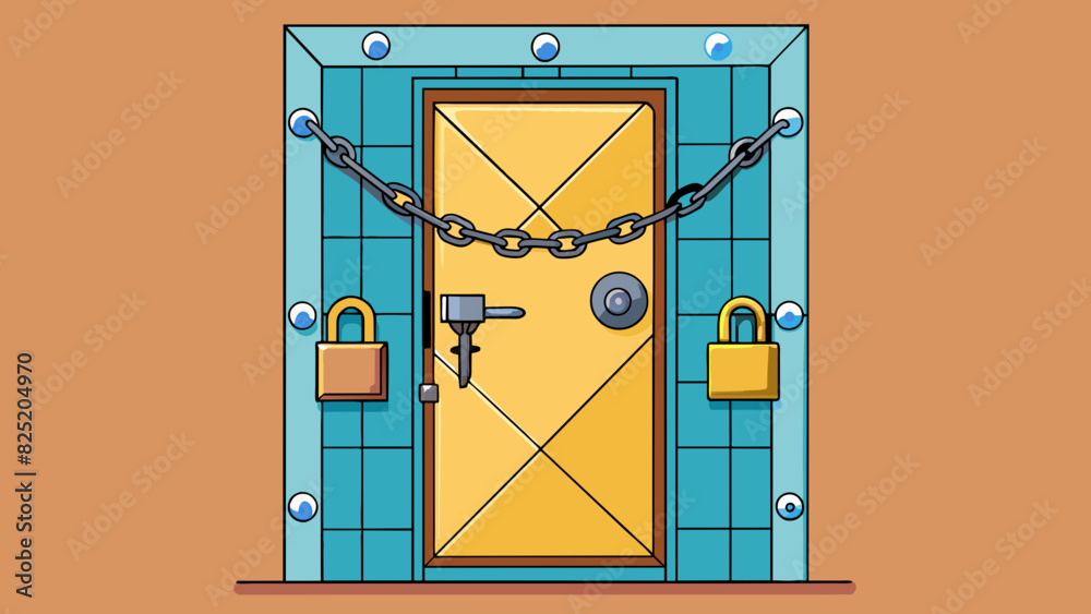 Poster A sy lock on a door with multiple deadbolts and a security chain providing a secure defense against breakins and unwanted visitors.. Cartoon Vector.