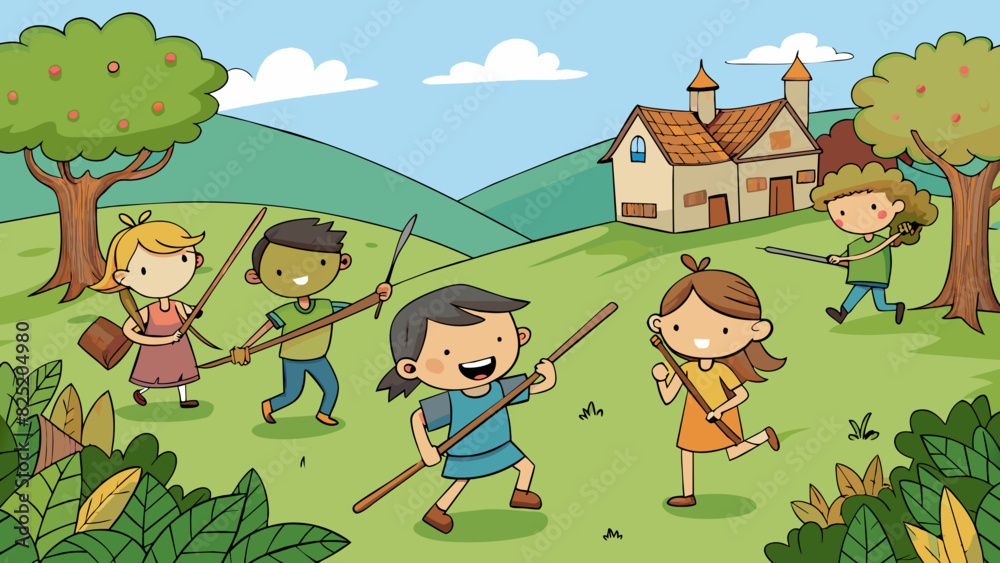 Poster as you walk through the village you can see children playing in the grassy fields chasing each other