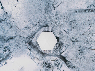 Snow-covered Park from Above with gazebo in the middle
