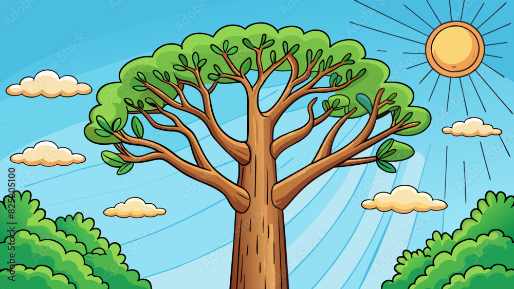 Poster A tall and sy tree its branches almost stretching to touch the sky providing a cool and inviting shade on a hot summer day.. Cartoon Vector.