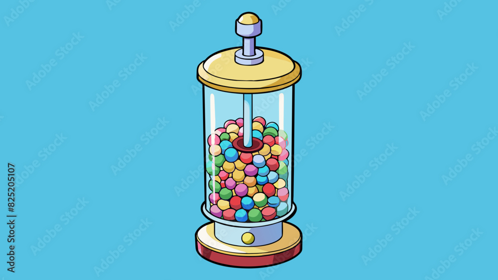 Poster A tall cylindrical glass jar filled with a variety of colorful candies with a rotating lever on the side for dispensing a small amount at a time.. Cartoon Vector.