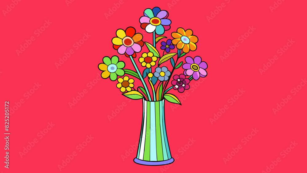 Poster A tall glass vase filled with colorful flowers of all shapes and sizes arranged in a gradient from red to purple.. Cartoon Vector.