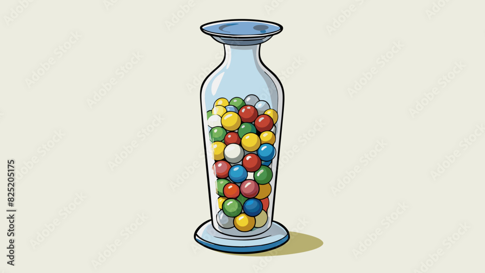 Poster a tall glass vase filled with colorful marbles of different sizes. the vase has a narrow neck and a 