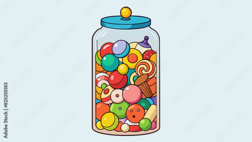 Aufkleber A tall glass jar filled with colorful candies each one a different shape and size creating a diverse amount.. Cartoon Vector.