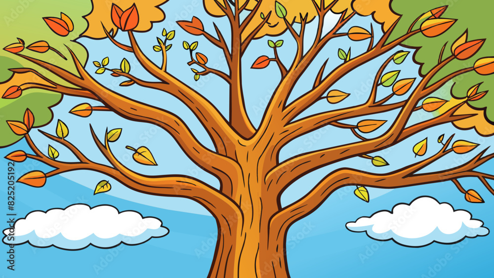 Poster A tall gnarled tree with branches that stretch upwards towards the sun. Its trunk is covered in thick rough bark and colorful leaves rustle in the. Cartoon Vector.