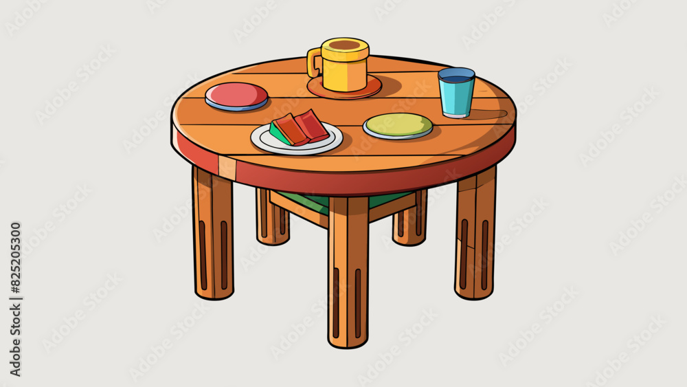 Poster a tall wooden object with four legs and a flat surface on top used for sitting and eating meals.. ca
