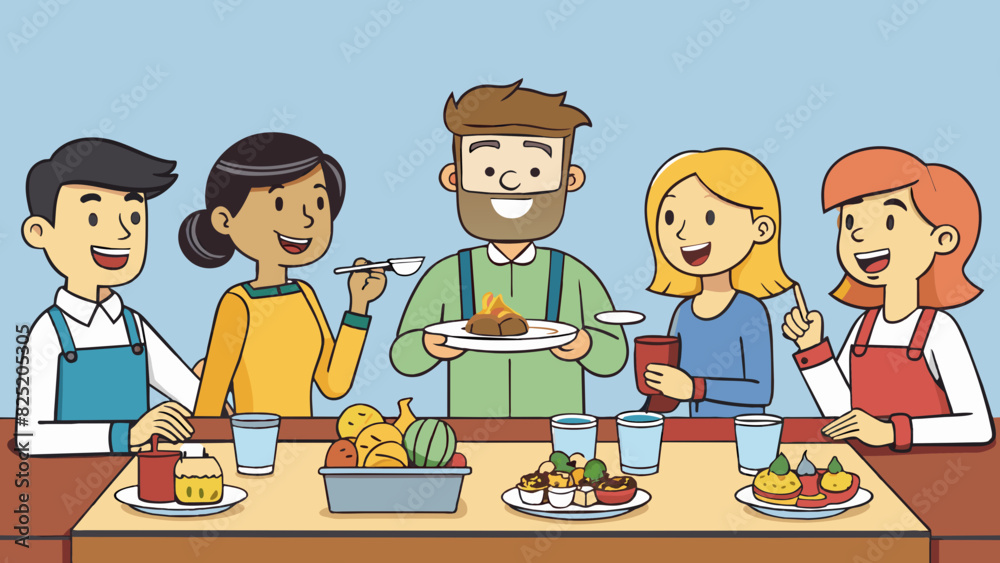 Poster at a restaurant a group of friends share dishes and make sure everyone has enough before taking more