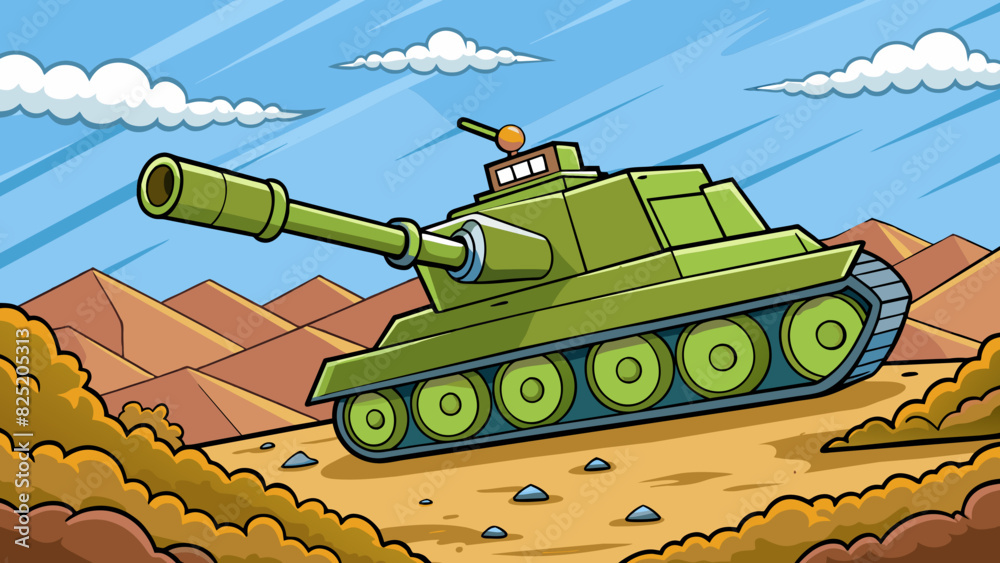 Aufkleber A tank rolling across rough terrain its massive size and imposing cannons a symbol of defense and firepower.. Cartoon Vector.