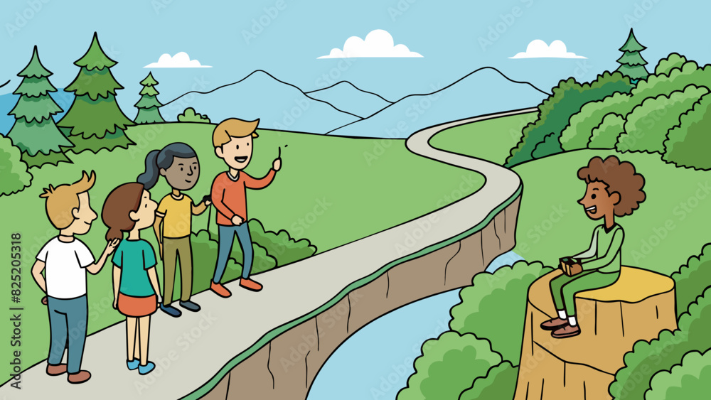 Poster At a scenic overlook a group of friends was trying to decide which hiking trail to take. One pointed to a steep challenging path while another. Cartoon Vector.