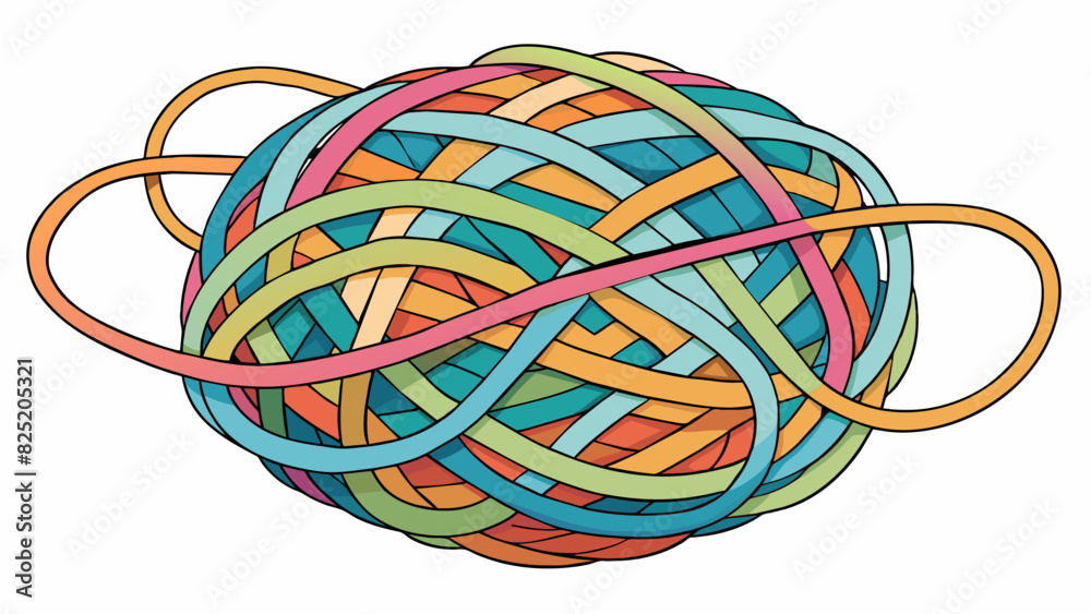 Poster A tangled ball of yarn being unraveled and organized symbolizing the process of sorting through and understanding complex thoughts. The yarn is soft. Cartoon Vector.