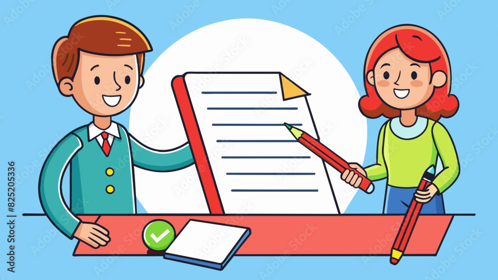 Poster A teacher examining a students essay using a red pen to mark grammatical errors circle key themes and provide constructive feedback.. Cartoon Vector.