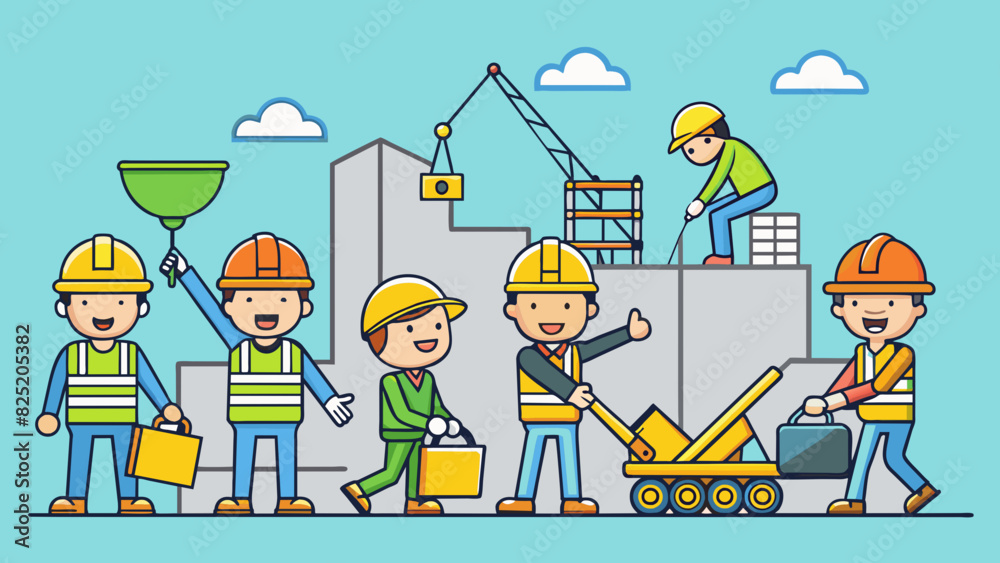 Poster A team of workers on a construction site each with their own specific job and clear instructions from a manager efficiently working together to. Cartoon Vector.