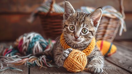 Cute Kitten Playing With Yarn Balls