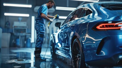 Professional Auto Detailer Polishing a Luxury Blue Car in Modern Garage