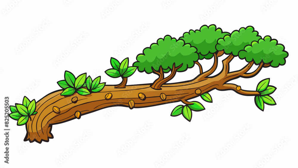 Aufkleber A thick sy branch with several smaller branches extending from it. The branch is covered in rough textured bark and is adorned with an array of. Cartoon Vector.