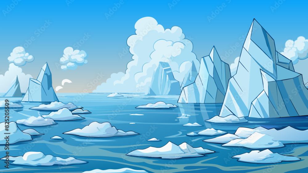 Poster a thick salty mist hangs in the air as towering icebergs float lazily in the frigid arctic sea. the 