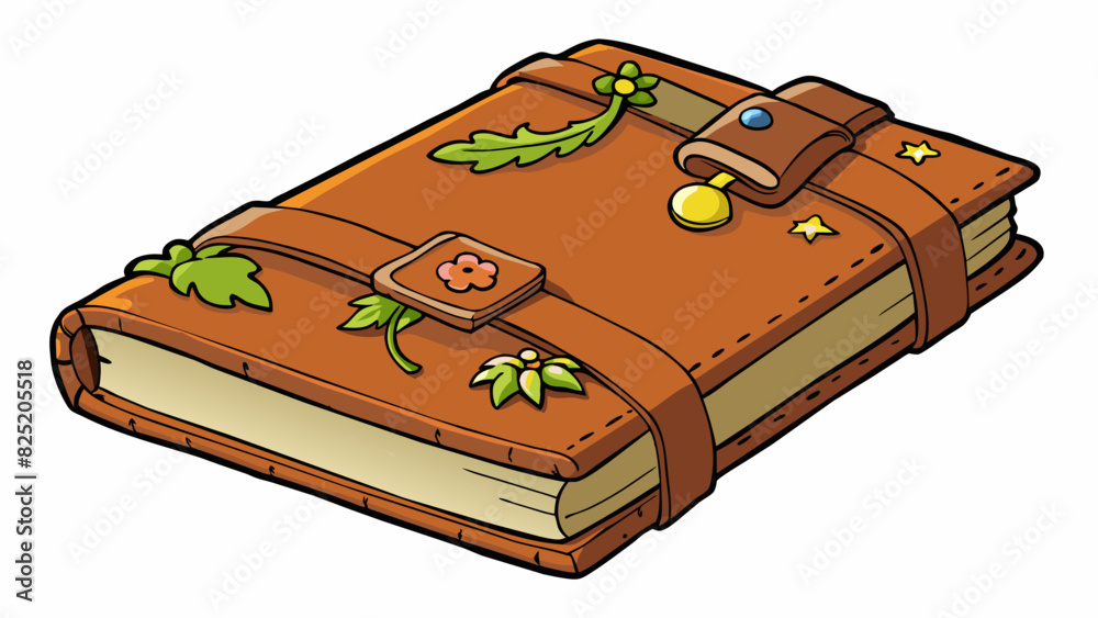 Poster a thick leatherbound book with a worn spine and tattered pages. it is filled with pressed flowers an