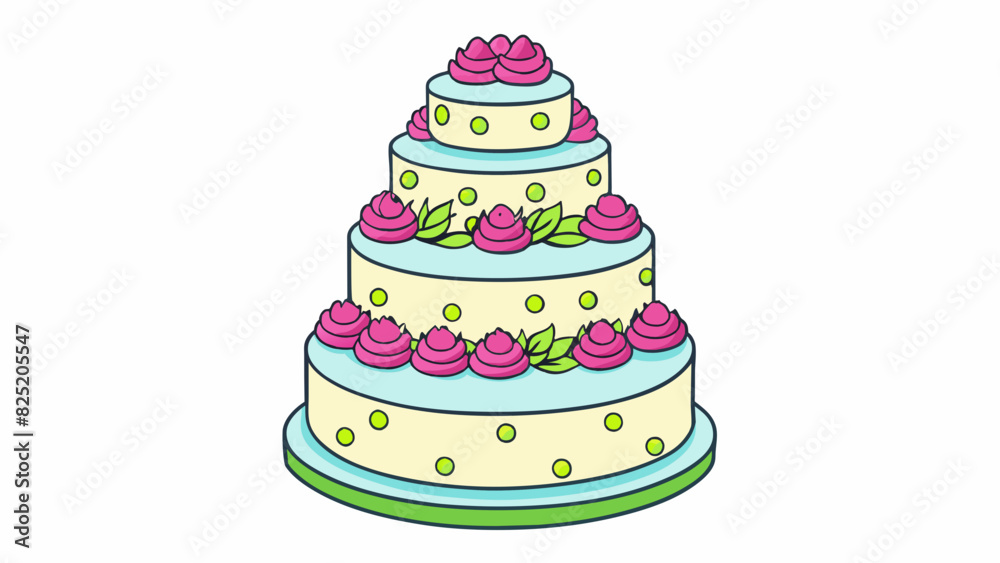 Poster a threetiered cake with each tier decreasing in size covered in white frosting and adorned with pink