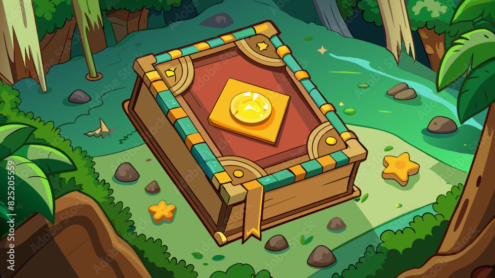 Poster A thriller about a mysterious treasure hidden deep in the jungle. The main character finds a rusty old map with faded markings leading her to a secret. Cartoon Vector.