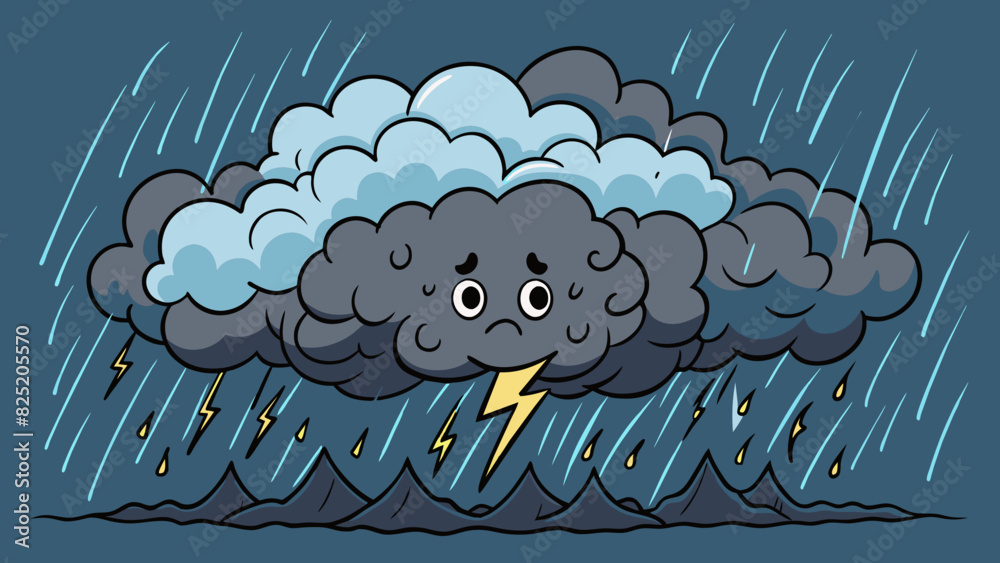 Poster A thunderstorm with dark clouds rolling in and lightning crackling through the sky. The intense winds and heavy rain showcase the might and force of. Cartoon Vector.