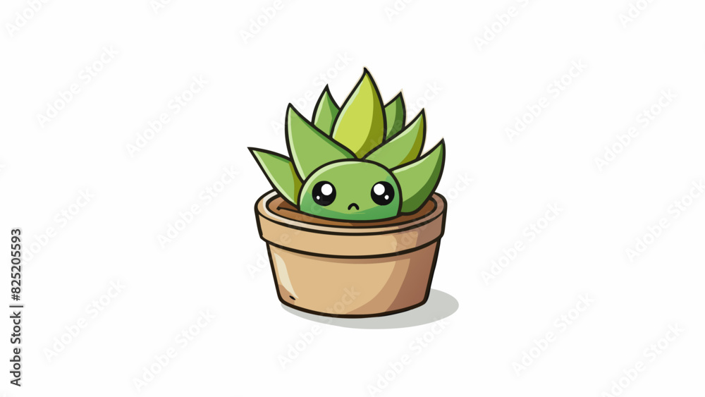 Poster A tiny potted succulent small enough to fit in the palm of your hand. Its leaves are dull and drooped clearly lacking proper hydration. The pot it. Cartoon Vector.