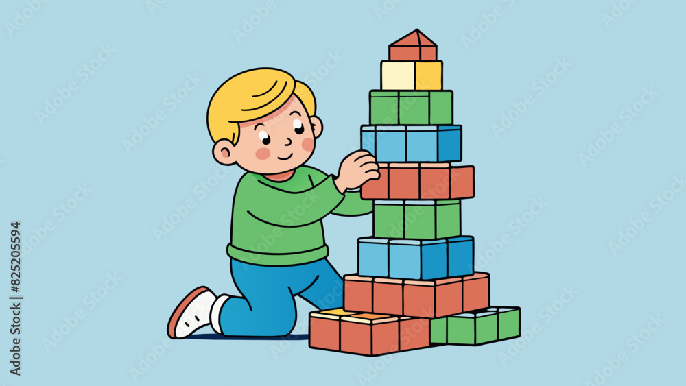 Poster A toddler building a tower with blocks at a rapid rate stacking them on top of each other with lightning quick movements. Their small hands and nimble. Cartoon Vector.