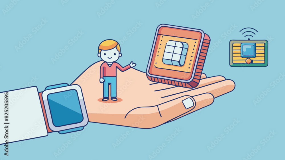 Poster A tiny shiny chip implanted in a persons wrist acts as their personal assistant allowing them to access information make purchases and even control. Cartoon Vector.