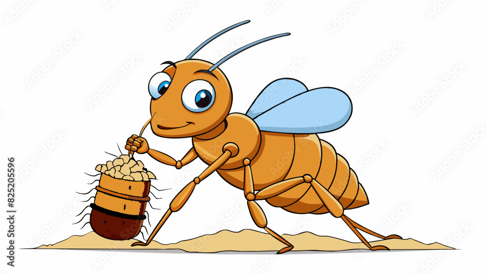 Poster A tireless ant carrying a large crumb of food back to its colony determined to provide for its fellow workers.. Cartoon Vector.