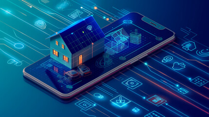 Concept of smart home technology integrates small house with mobile phone-controlled devices. Wireless connections enable remote access and efficiency. Features include smart lighting, thermostat