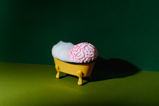 brain taking a bath in a bathtub full of soap foam