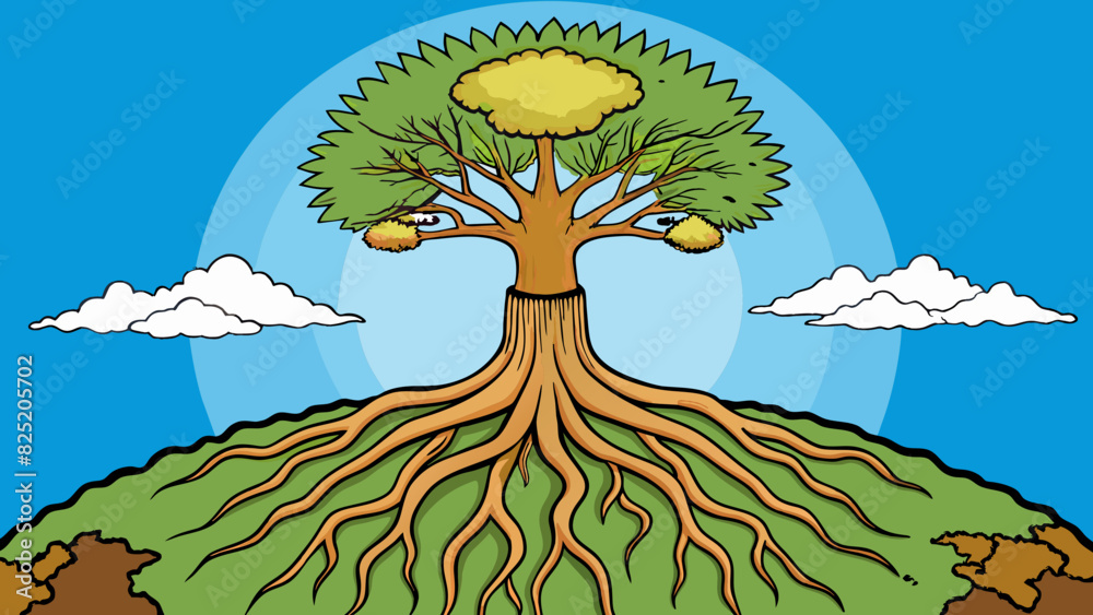 Poster A tree with deep gnarled roots stretching into the earth and branches reaching endlessly towards the sky representing the idea of always being present. Cartoon Vector.