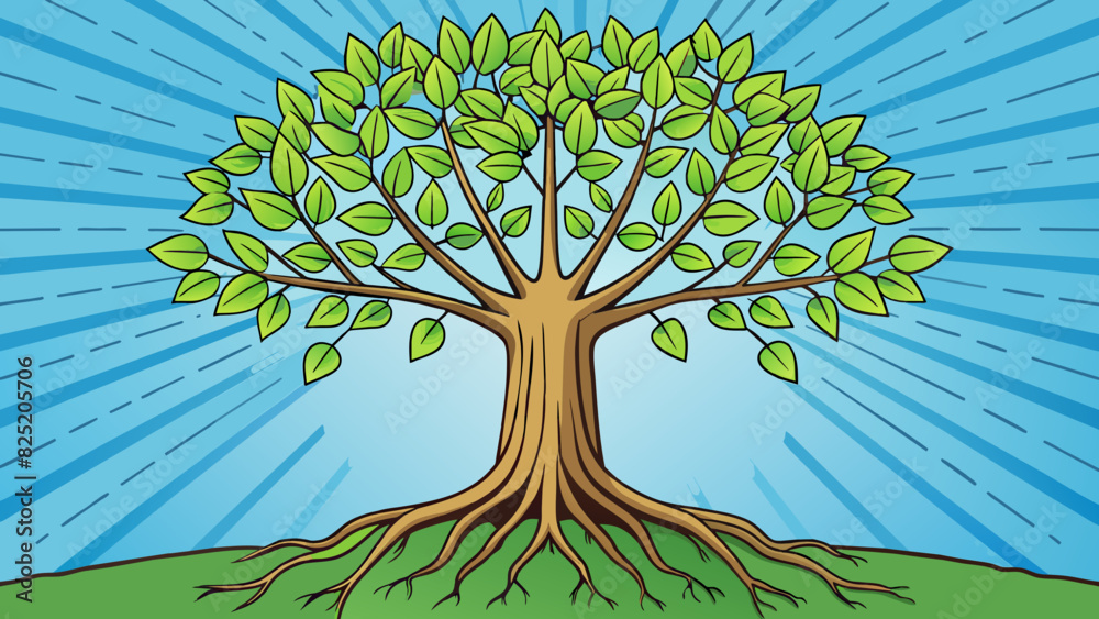 Poster A towering tree whose leaves shimmered in the sunlight and whose roots reached deep into the earth providing stability and nourishment.. Cartoon Vector.