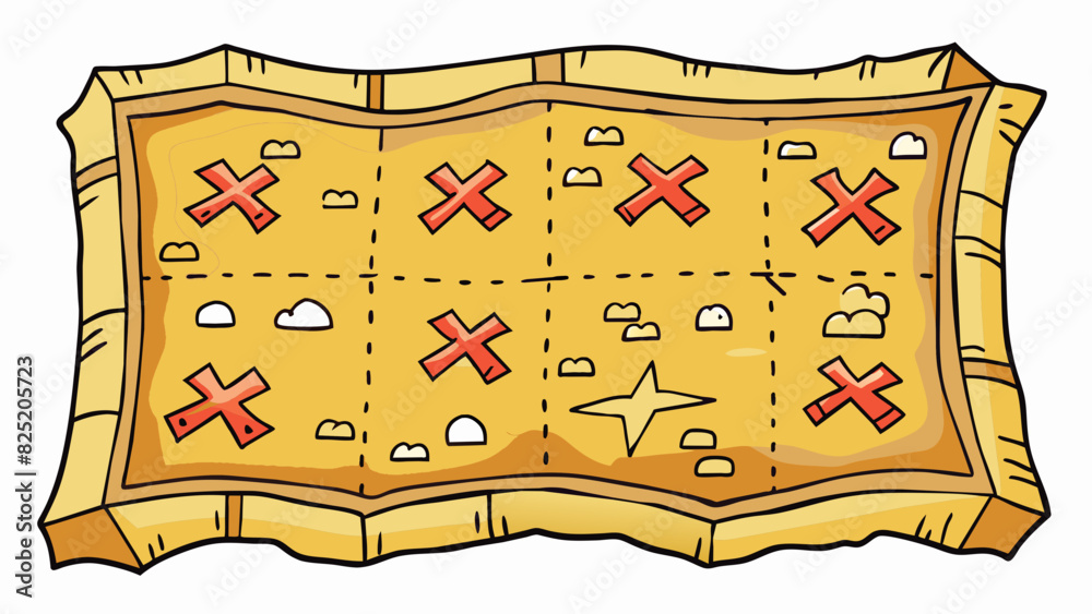 Poster A treasure map with nine X marks each one leading to a different hidden treasure. The map is old and tattered with faded ink and intricate drawings.. Cartoon Vector.