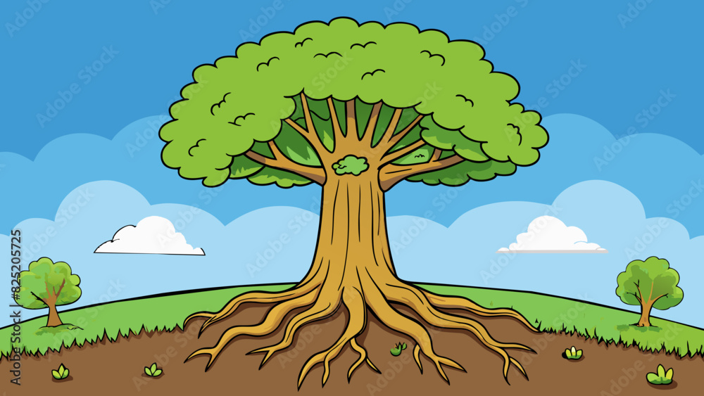 Poster a tree that stands tall and strong through all seasons always rooted in the ground.. cartoon vector.