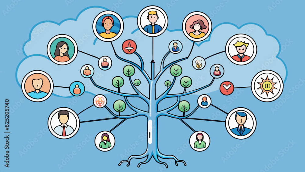 Poster A tree with intertwining roots showing the interconnected web of relationships and social connections that can shape an individuals thoughts actions. Cartoon Vector.
