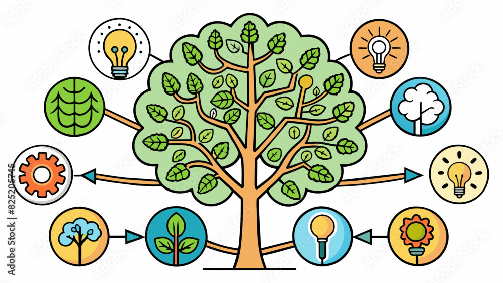 Poster A tree with different branches and leaves growing in different directions representing the branching and interconnected nature of thoughts. The leaves. Cartoon Vector.