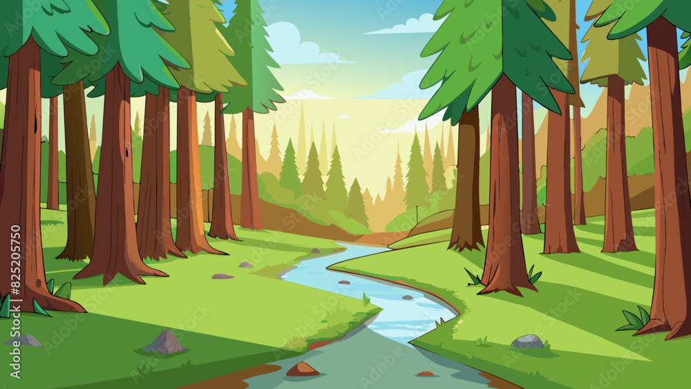 Poster A tranquil forest with towering evergreen trees and a babbling brook running through it. Sunlight filters through the trees casting dappled light on. Cartoon Vector.