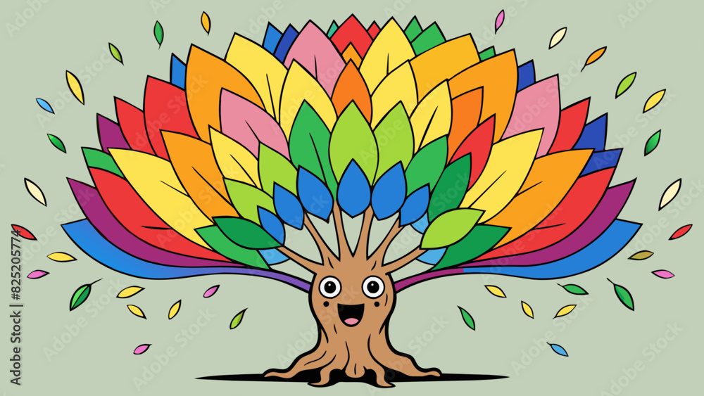 Poster A tree with leaves of every color imaginable like a magical rainbow had exploded and landed on each individual leaf.. Cartoon Vector.