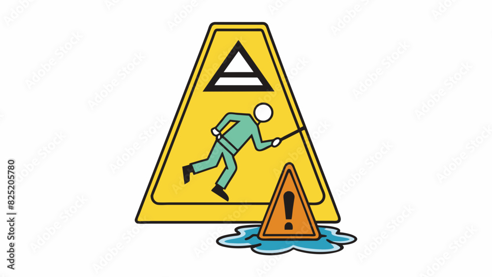 Poster A triangular shaped sign with the image of a person slipping on a wet floor and the words Caution Wet Floor in large bold font. The sign is made of. Cartoon Vector.