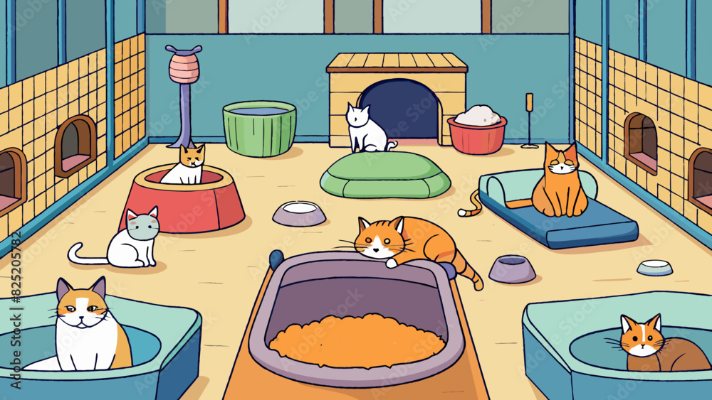 Poster at the animal shelter the cat section is filled with cozy beds scratching posts and toys. the cats a