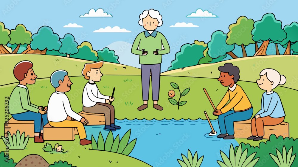 Poster at the edge of a peaceful lake a small group of elders sit on a log surrounded by lush greenery. a y