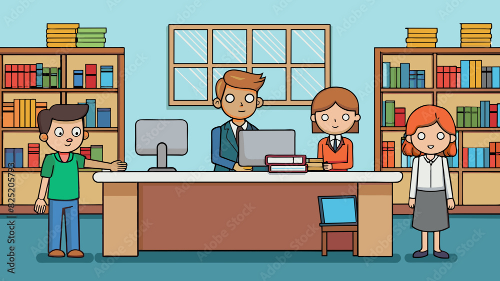 Poster At the front of the library there is a grand desk where librarians assist visitors with their inquiries. The desk is filled with stacks of books. Cartoon Vector.