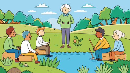 Fototapeta premium At the edge of a peaceful lake a small group of elders sit on a log surrounded by lush greenery. A young member of the community stands in front of. Cartoon Vector.